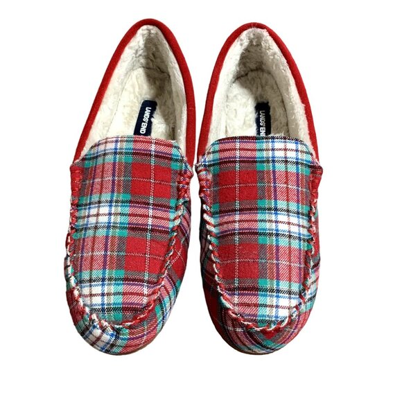 Lands End Moccasin Slippers Womens 10 B Red Plaid Faux Fur Lined Flannel Shoes - Picture 10 of 12